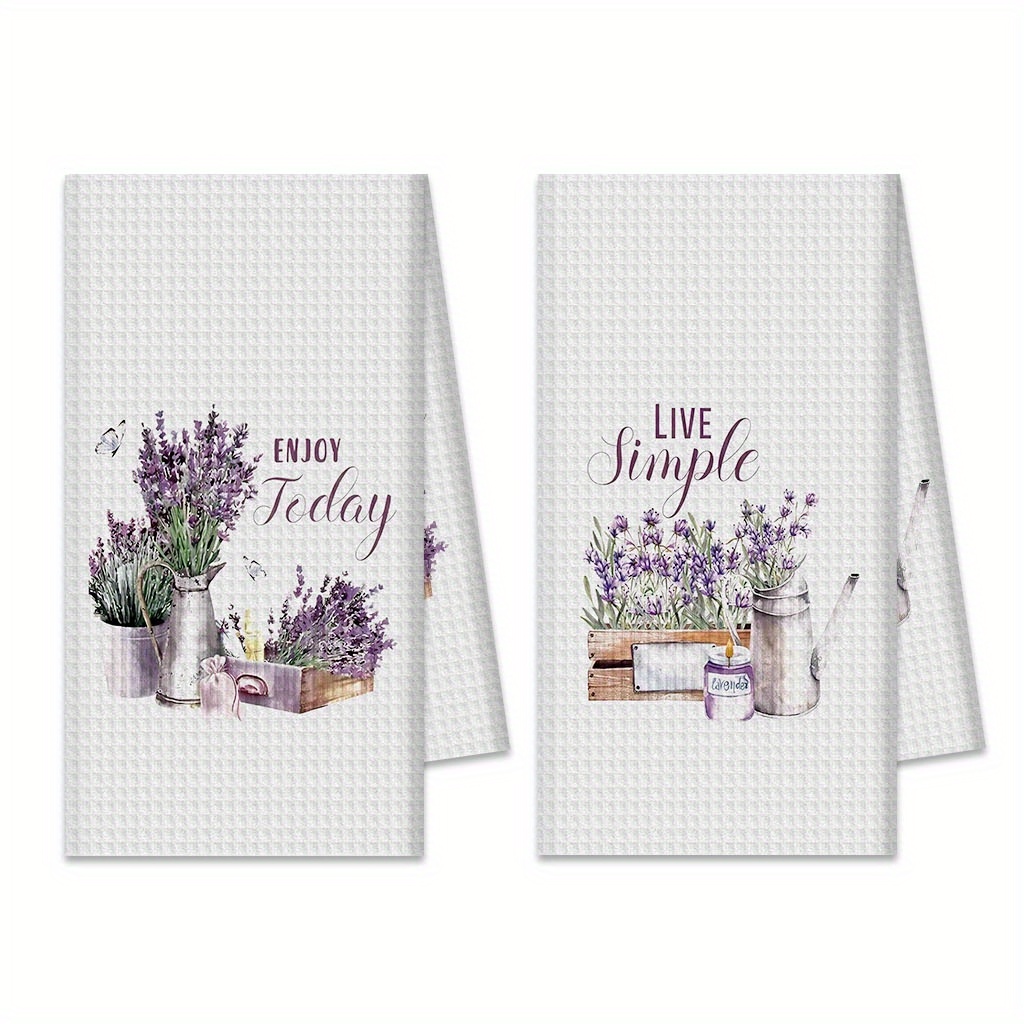 TEMU Cleaning Cloth 2pcs Kitchen Towel, 2pcs Rustic Lavender Print Kitchen Towels With Inspirational Quotes, Dish Towels, Checkered Borders & ,