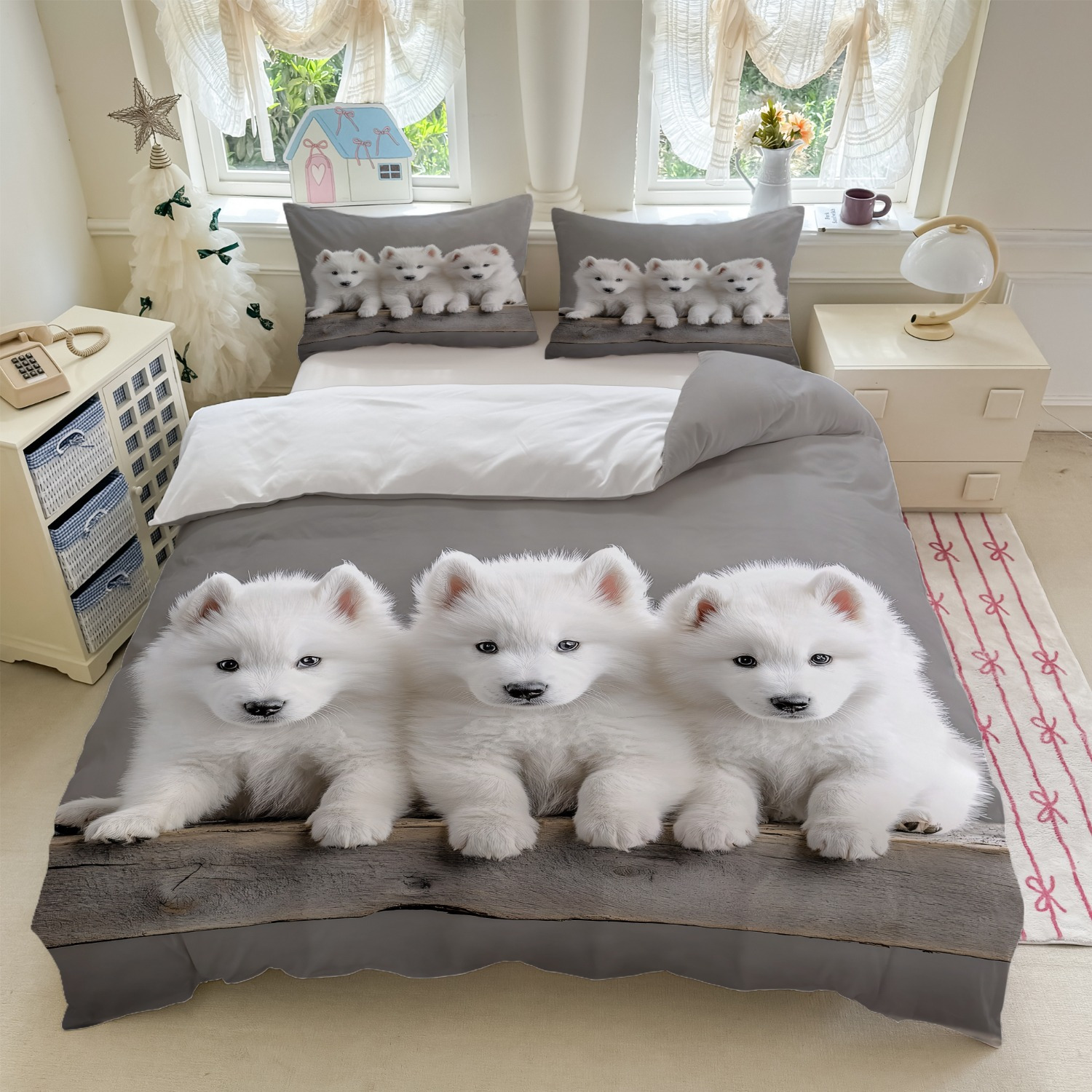 TEMU 3pcs White Samoyed Puppy Print Bedding Set (1duvet Cover   2pillowcase, Without Core) For Bedroom