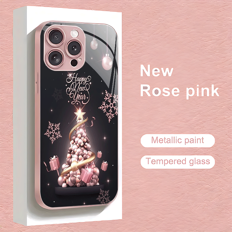 TEMU Phone Case: Rose Golden Christmas Tree Happy New Year Festive Patterned Tempered Glass Phone Case Suitable For Iphone