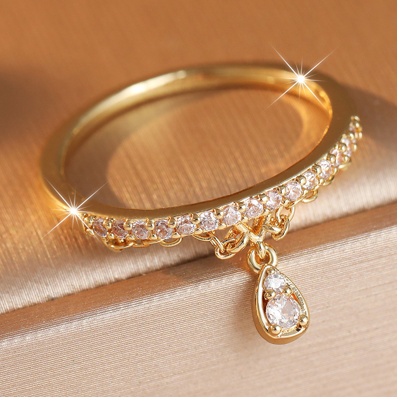 Women's Plated Bling Ring with Water Droplet Chain Pendant