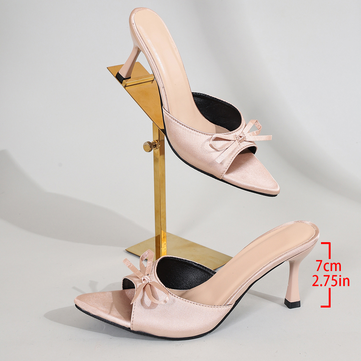 summer   satin bowed stiletto casual slippers for women pointed toe outdoor high heels mule slippers gentle french date banquet   versatile straight toe slippers women shoes