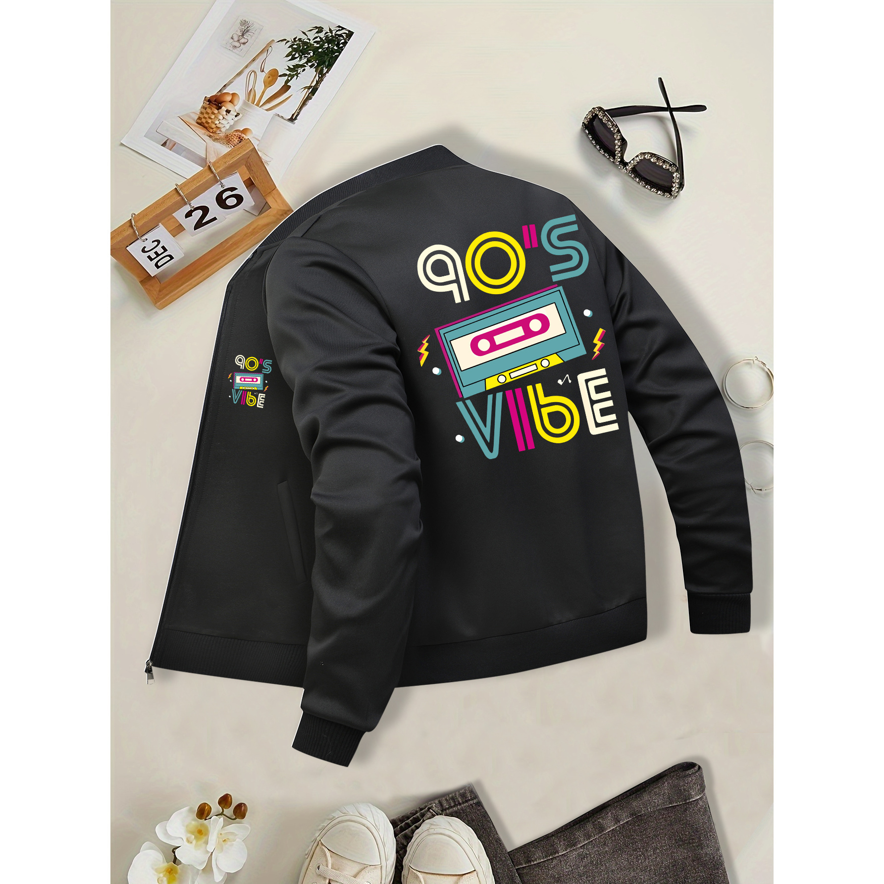 

Retro 90's Vibe Women's Casual Jacket - Zip-up, Long Sleeve With Pockets, Baseball Collar, Stretchy Polyester