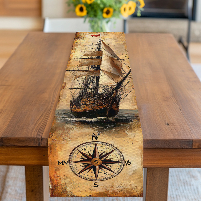 TEMU 1pc Nautical Style Table Runner With Beige And Brown Ship And Compass ,2d Printing,suitable For Summer, Party, Picnic, Gathering,perfect For