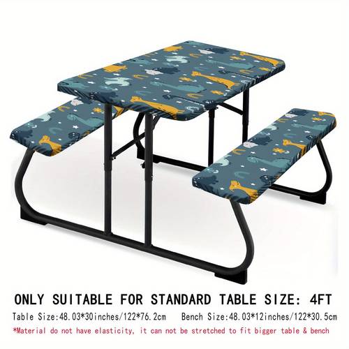 1 set of 4ft 6ft 8ft camping tables and chairs with beautiful dinosaur patterns in a circular pattern covered with elastic fabric and with a 30x72 inch camping short tablecloth