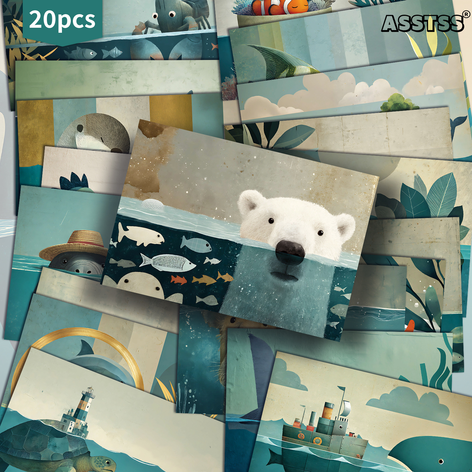 E-shop 20er-Pack ASSTSS Vintage Unterwasser-Postkarten "Sea" 4X9 Zoll Retro Junk Journal Zubehör, Klassische Illustrationen Sammelbare Dekorative