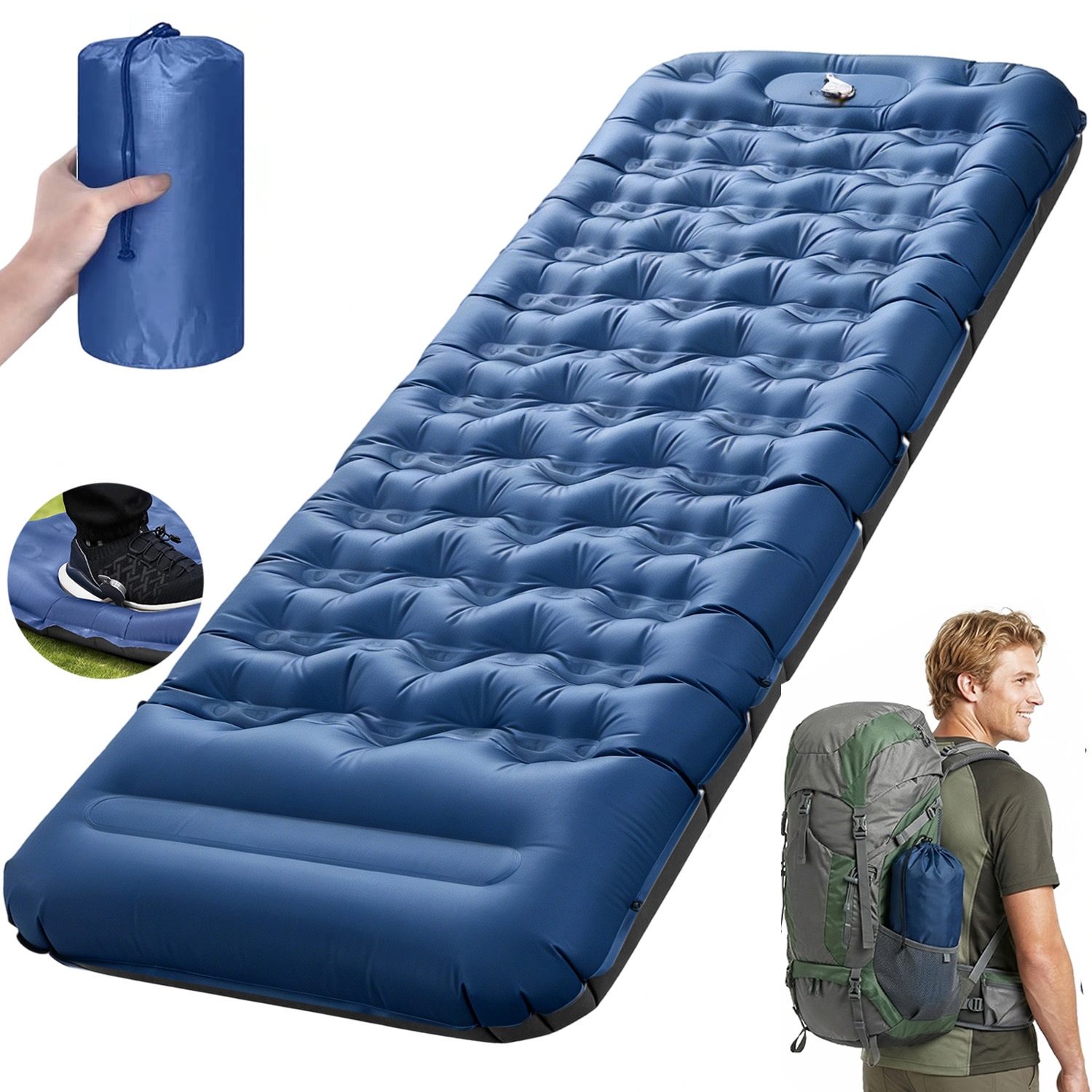 Single Thickened Inflatable Mat 196×66×13cm With Attached Pillow & Foot Pump, Sturdy Reinforced Design For Outdoor Camping Mountaineering And Fishing