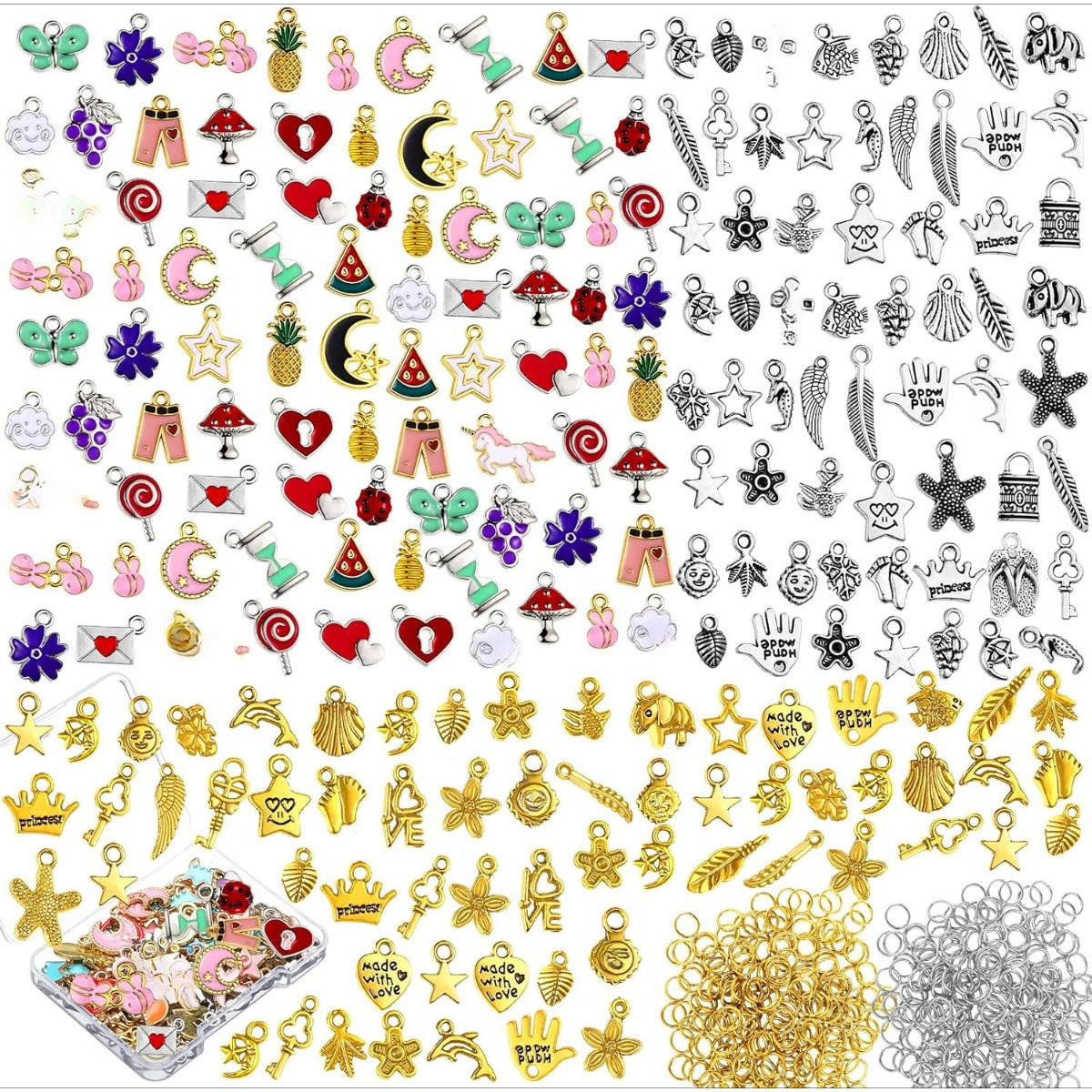 

400pcs Tibetan Zinc Alloy Set - Mixed Pendants Jump Rings For Making, Necklaces, Bracelets, Keychains - Assorted Storage Box