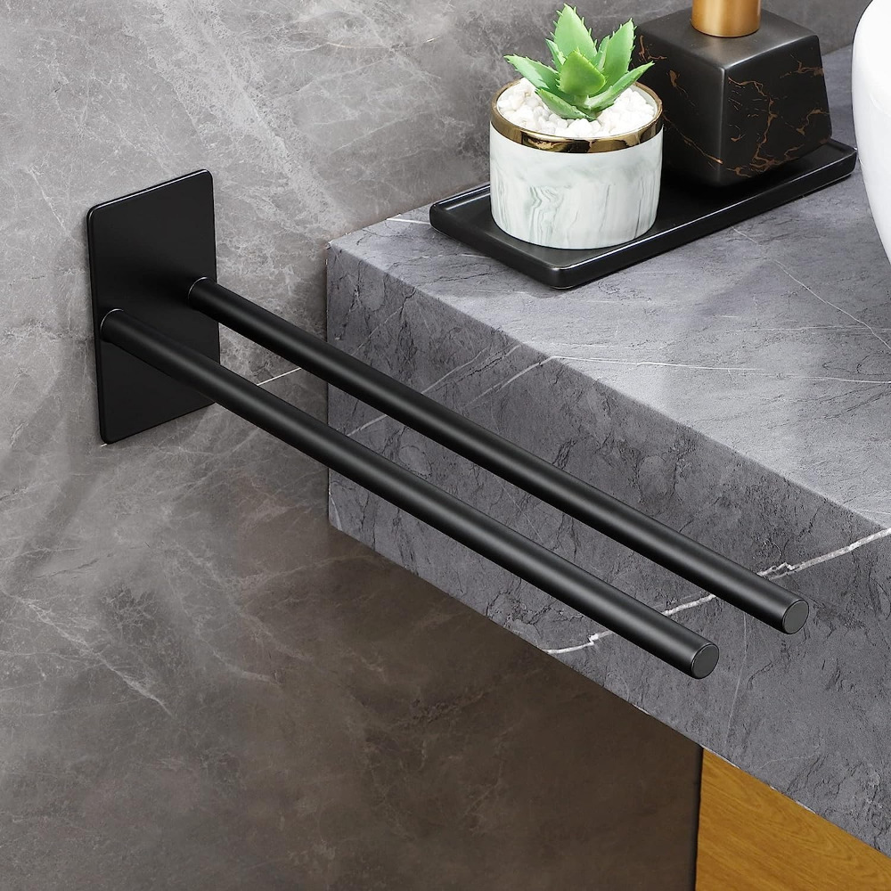 1set Stainless Steel Towel Rack Double Rod Design Self Adhesive For Bathroom Sink