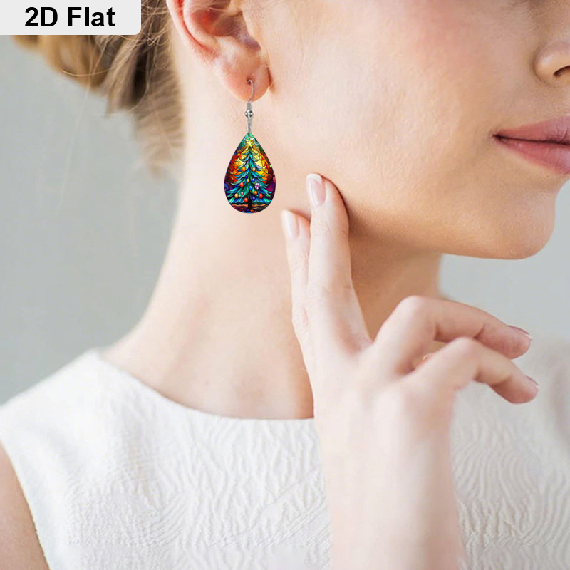 Teardrop-Shaped Dangle Earrings with Christmas Tree Design