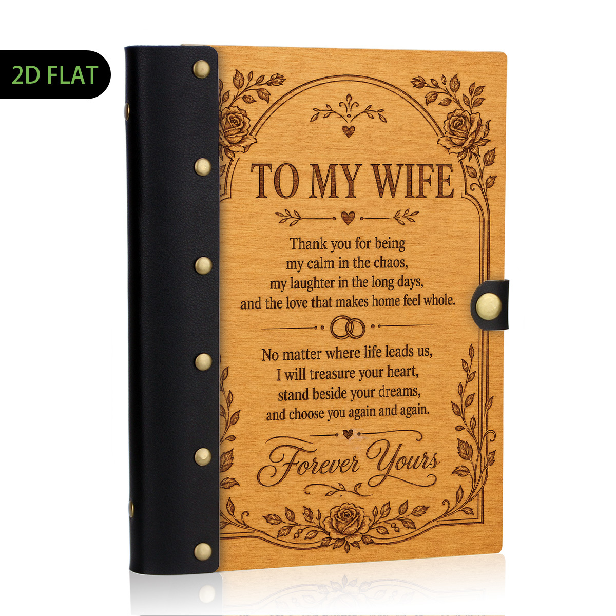 TEMU 1pc Leather And Wooden Hardcover Notebook Design, 2d Flat Rustic Wood Grain To My Wife Love Quote, Rose Floral Vintage Journal Diary, Gift