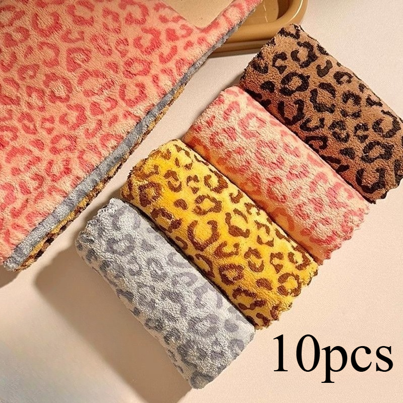 TEMU Random Color 10pcs Retro Double-sided Colored Leopard Print Cleaning Cloths | Polyester Square Towels For Dishwashing, Wiping Tables, Suitable