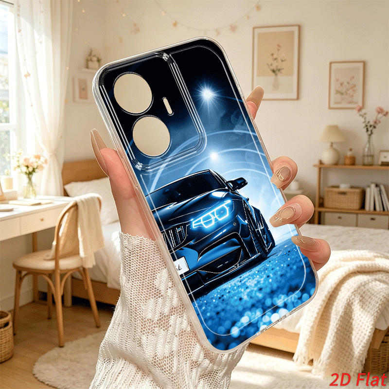 phone case blue neon sports car 2d flat pattern phone case for realme   pro 11 12 13 pro 14 14x 15 16  33 c35 c51 c53 c55 c63 c65 c67 c71 c75 c75x c85 pro note 50 60 70 fashion cute transparent anti fall tpu phone case