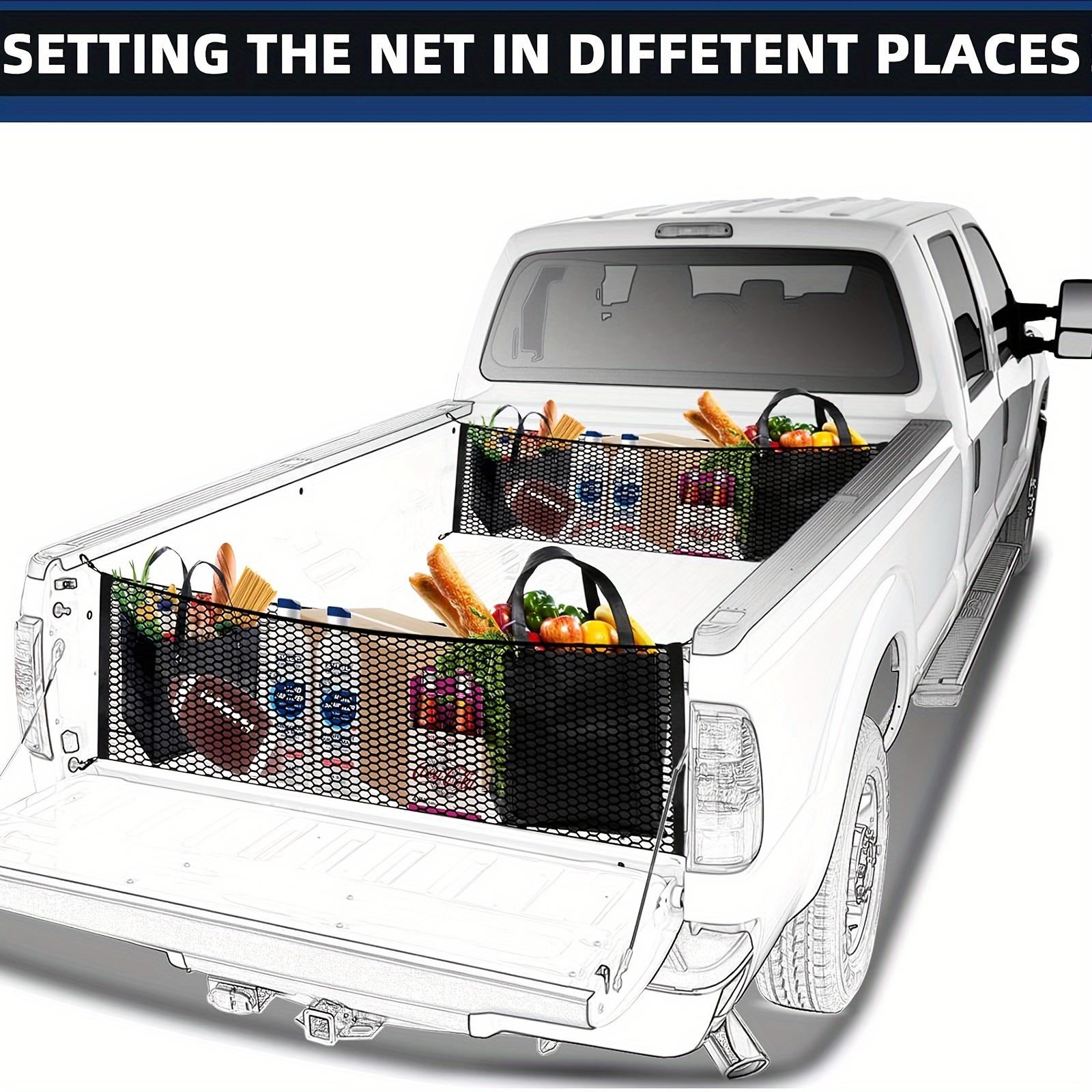 TEMU Elastic Mesh Net For Securing Cargo In A Truck Bed, Complete With Hooks For Easy Attachment, Designed For Items In Pickup Trucks.