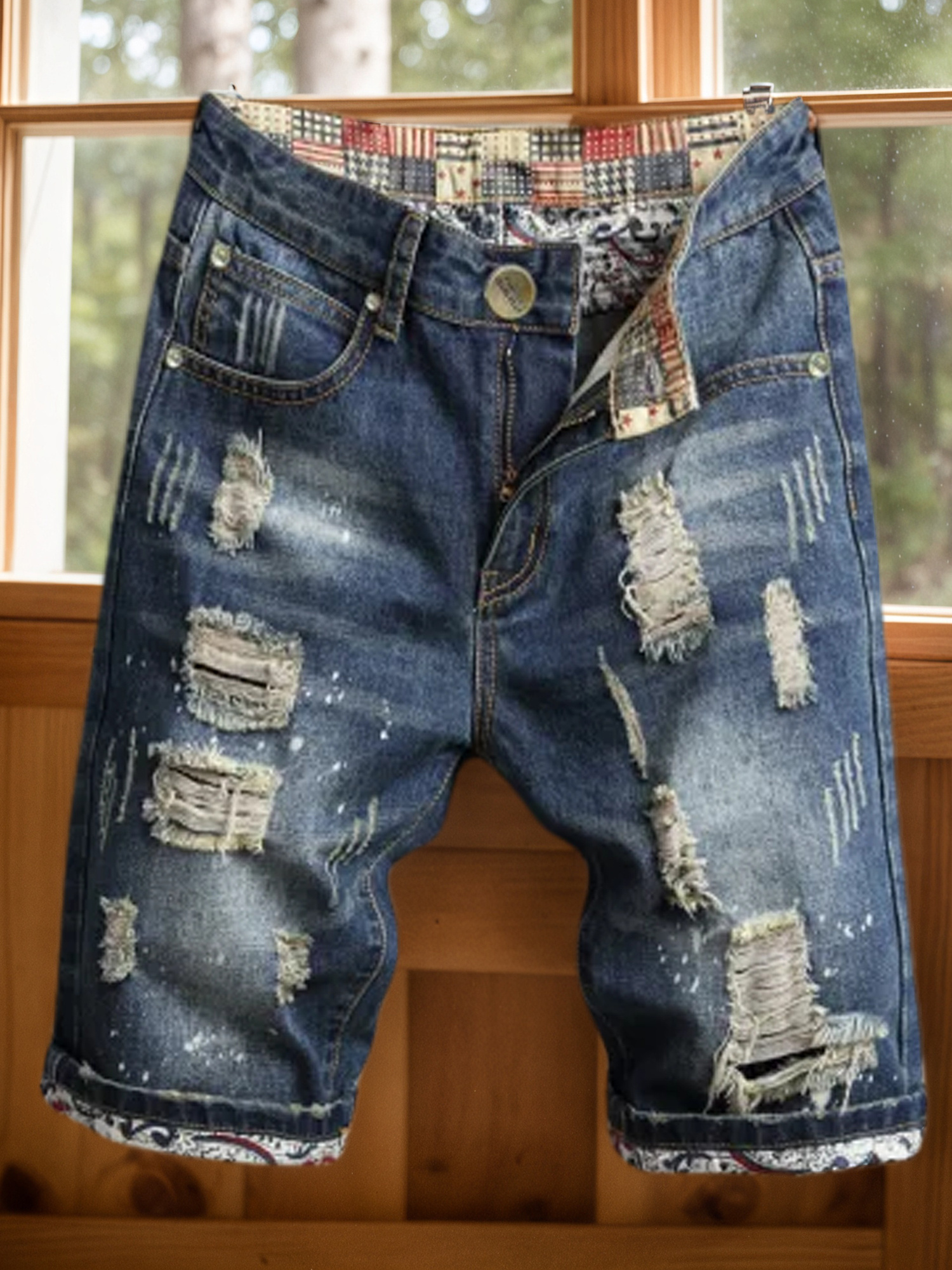 Men'S Fashionable Ripped Jeans, Distressed Slim Straight-Leg Style, Trendy Shorts, Loose-Fitting Mid-Calf Pants, And Durable Slim-Fit Jeans