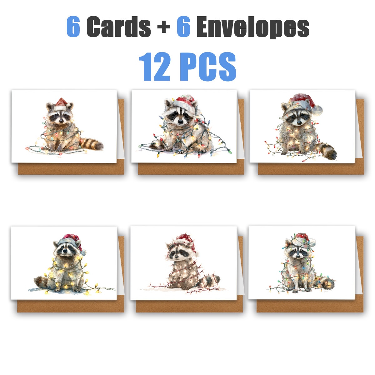 TEMU 1 Set/12 Stück/24 Stück Weihnachtskarte mit einem Waschbären, der einen Weihnachtsmannhut trägt und von bunten Lichtern umgeben ist | Inklusive