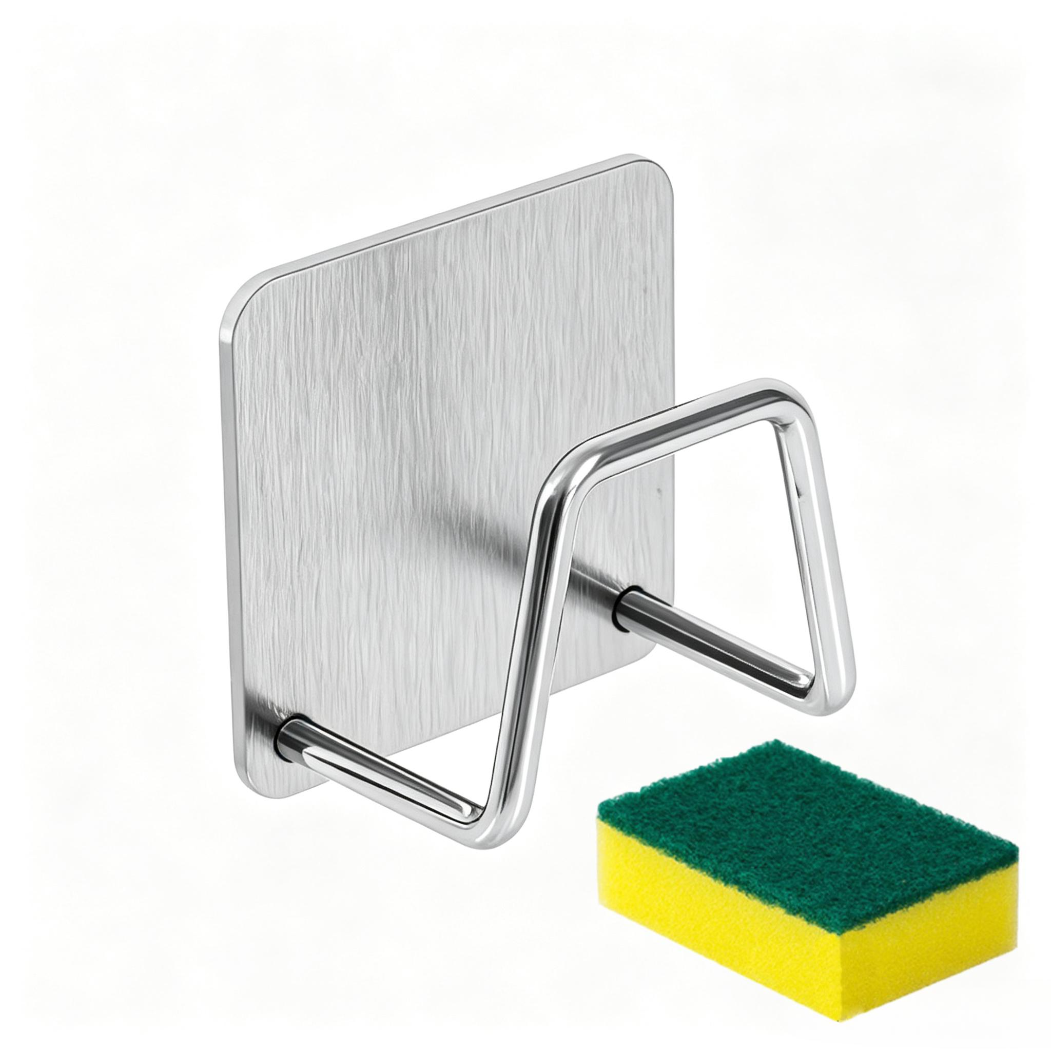TEMU 1 support éponge d'évier de cuisine et 1 éponge de nettoyage, matériau en acier inoxydable 304, installation perçage, antirouille et étanche,