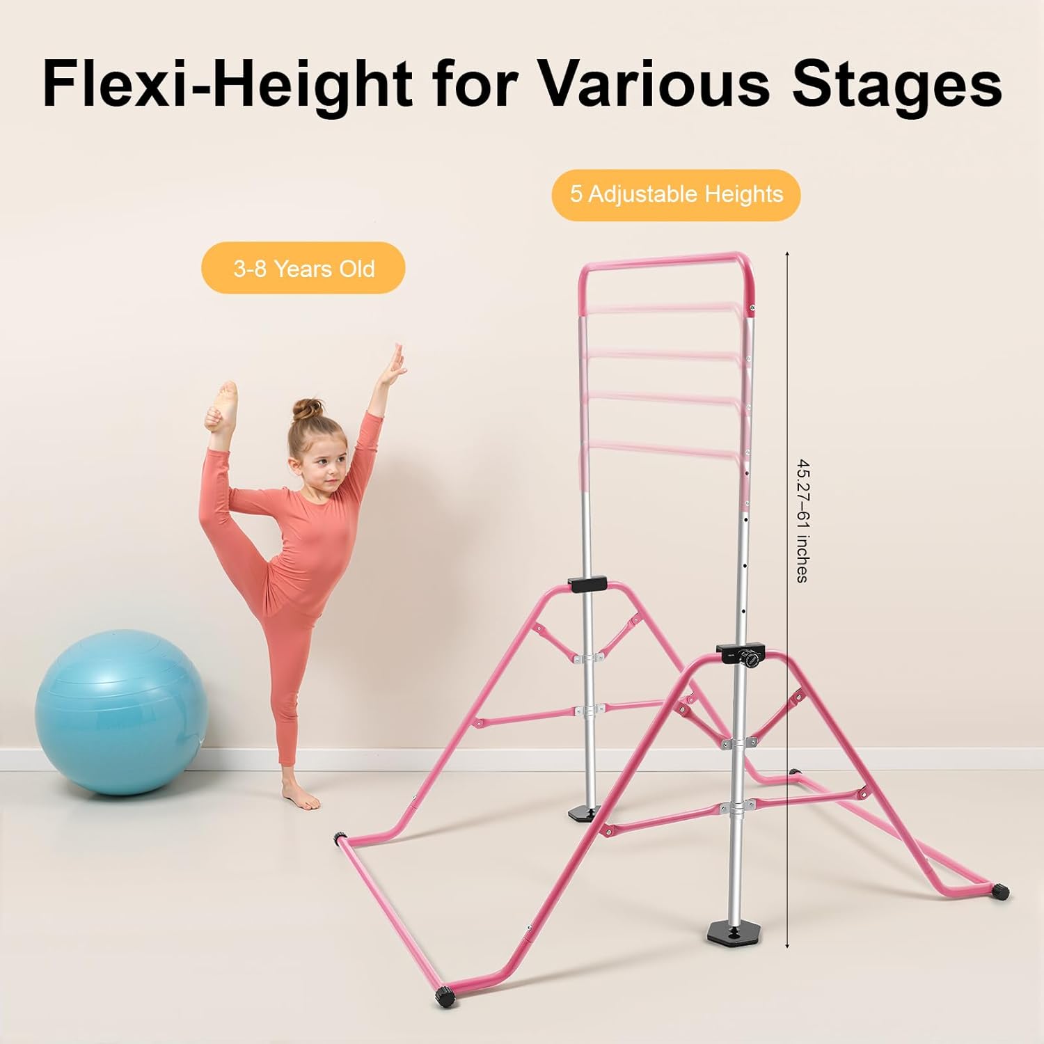 Adjustable Doorway Pull Up Bar Pink Strength Training Equipment Home Gym Fitness Horizontal Bar Height Adjustable 115-155cm Wall Mounted Exercise Station 80kg Indoor Outdoor Use