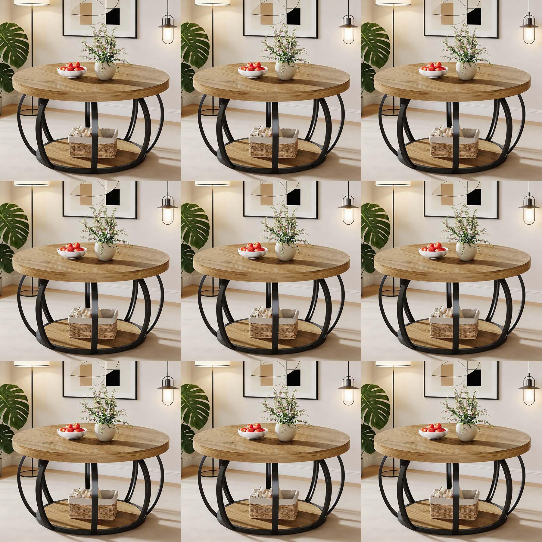 -inch Round Wooden Accent Table With A Storage Shelf And Metal Frame, Ideal For Living Room Use, Featuring A Brown And Black Color Scheme