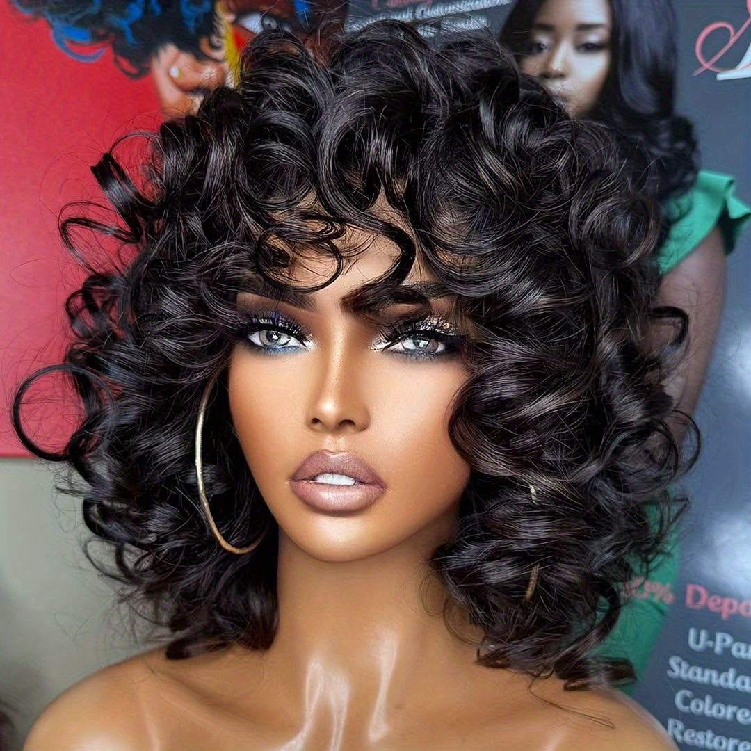 Elegant Curly Bob Wig for Women - 180% Density, Real Human Hair, Loose Bouncy Style with Bangs, Full Machine Made Rose Net Wig, Natural Look & Comfortable Fit, Everyday Curly Wig | Natural Look Wig | Real Human Hair Wig, Human Hair Wigs
