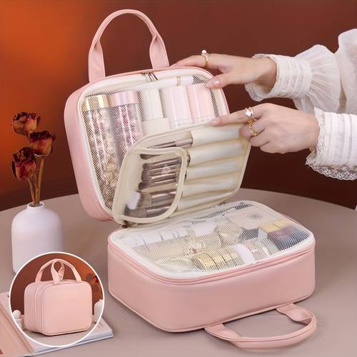 a three tier travel cosmetics storage box with removable brush holder and convenient double zipper this neutral design provides space and is perfect for professional and everyday use