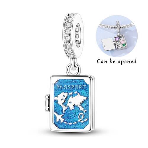 1pc exquisite blue enamel synthetic cubic zirconiaia creative openable passport design charm fit original bracelet necklace beads for making for womens daily jewelry accessories gifts