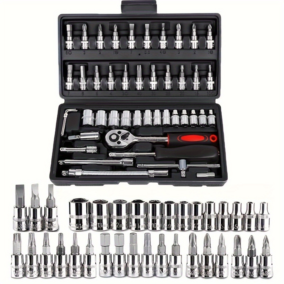 Une boîte à outils complète noire multi-usages pour la réparation automobile avec une boîte de rangement en plastique, un ensemble d'outils de réparation de vélo d'urgence pour les sorties, comprenant des clés hexagonales, des douilles de 1/2*1/4