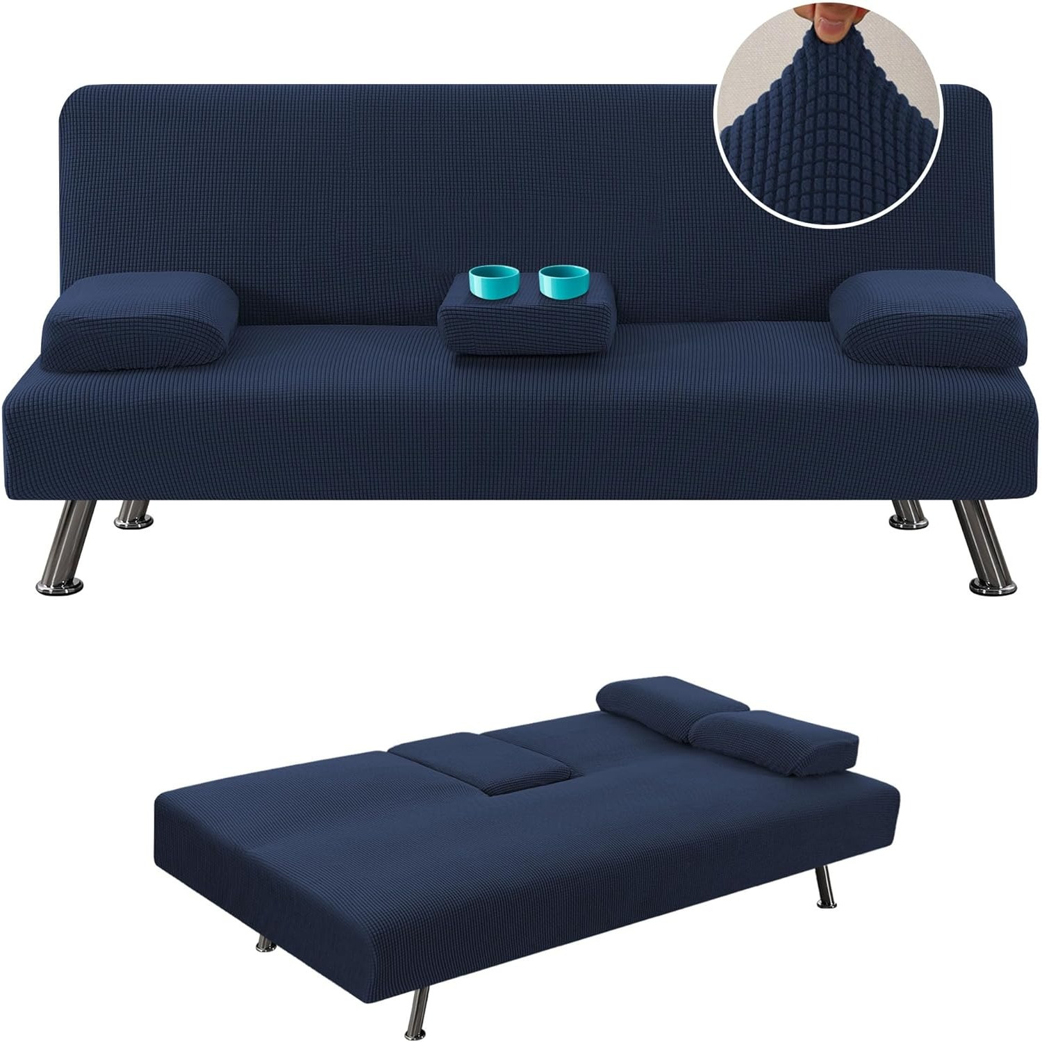 TEMU 4pcs Stretch Sofa Bed Slipcover With Removable Armrests And Cupholders Covers Furniture Protector High Spandex Small Checks Jacquard Fabric