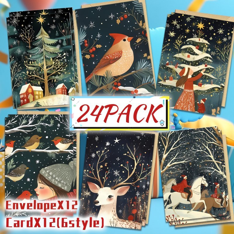 

24-pack Winter Greeting Cards With Envelopes, Assorted Bird & Elk Designs, Blank Holiday Cards , Family, Colleagues, Christmas & New Year Gifts, Material