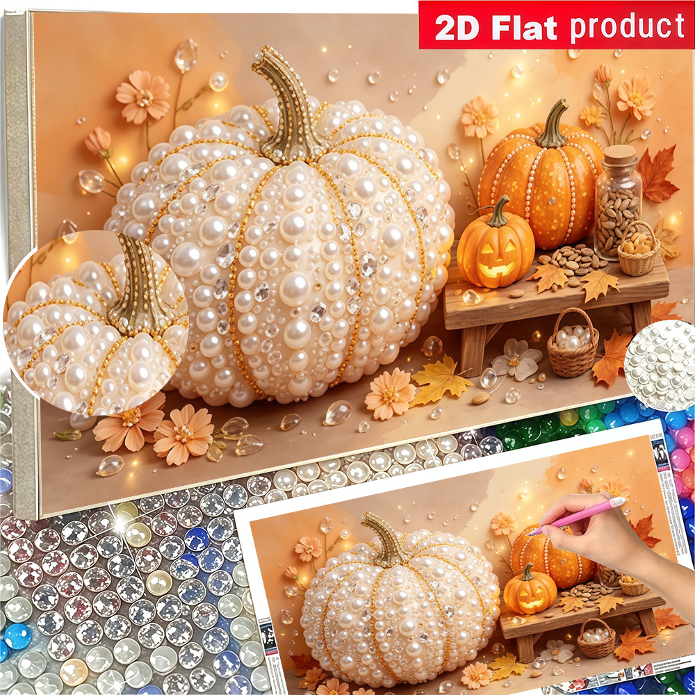 TEMU 1pc, 2d Flat Printing Painting Adopting Light Luxury Pearl Pumpkin Autumn Halloween Hand Drill Decoration Painting, Living Room Bedroom Wall