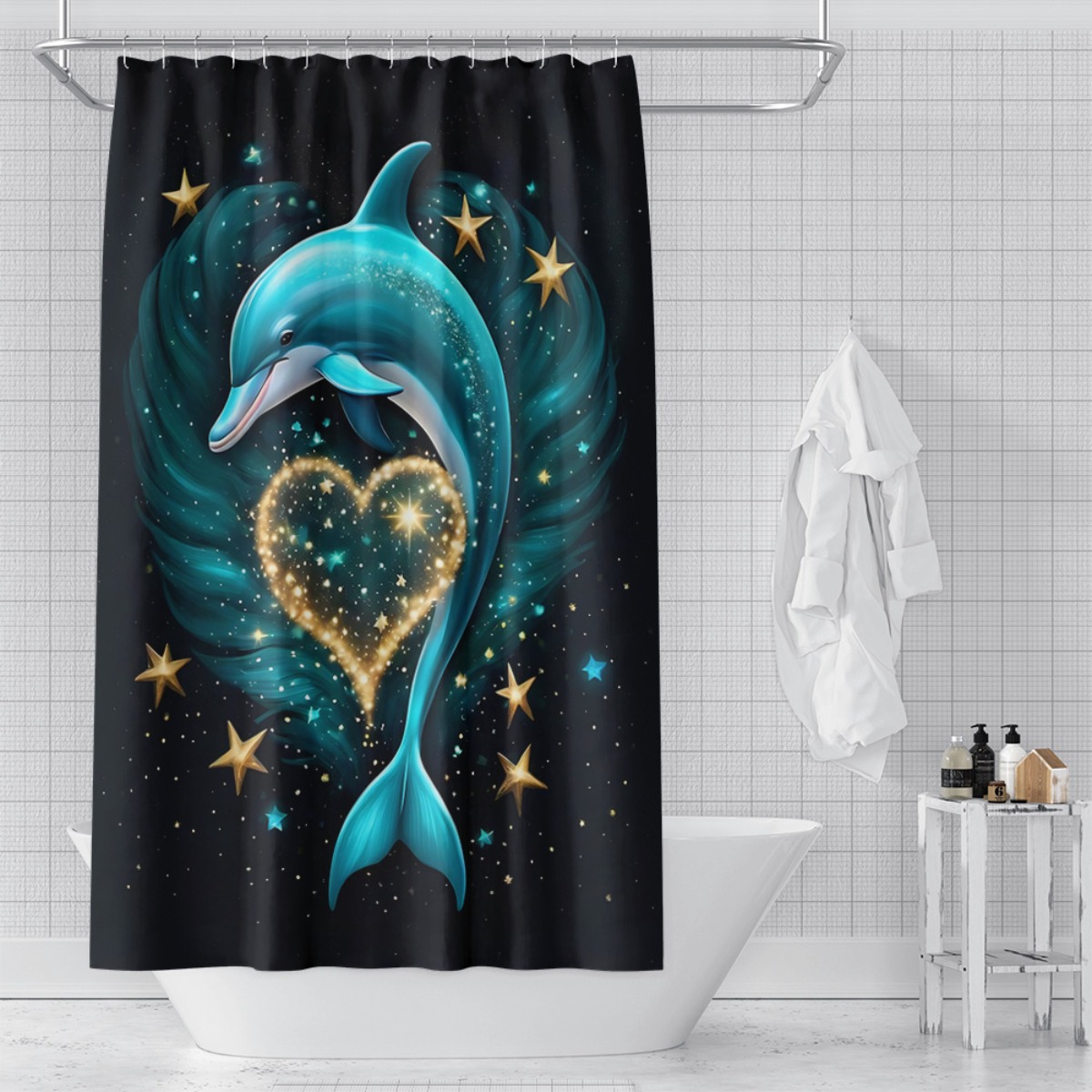 4pcs Dolphin Heart Pattern Shower Curtain Set with Hooks