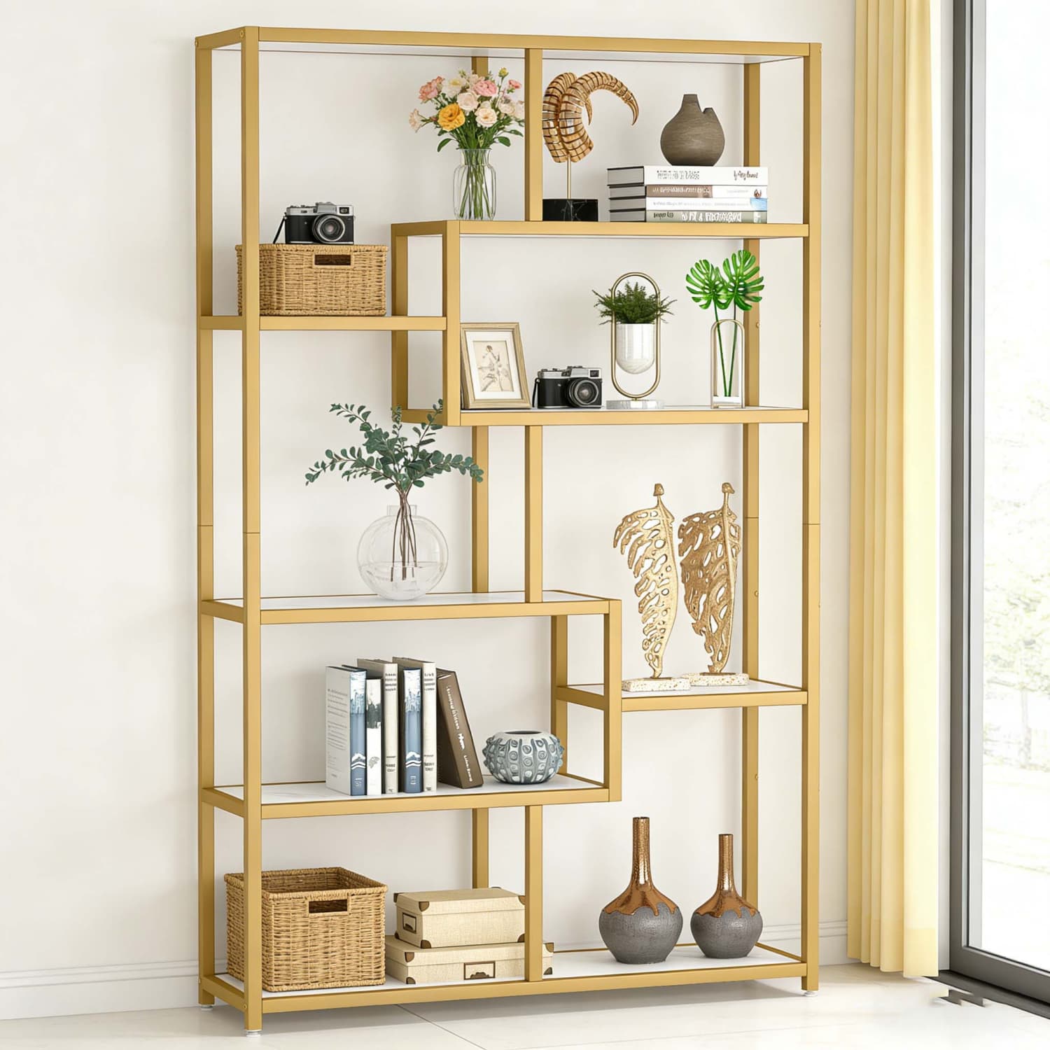 Image of 8 Tier Geometric Bookcase, Tall Standing Storage Shelf, Rack For Living Room And Office, 30 X 80 X 180cm, Golden