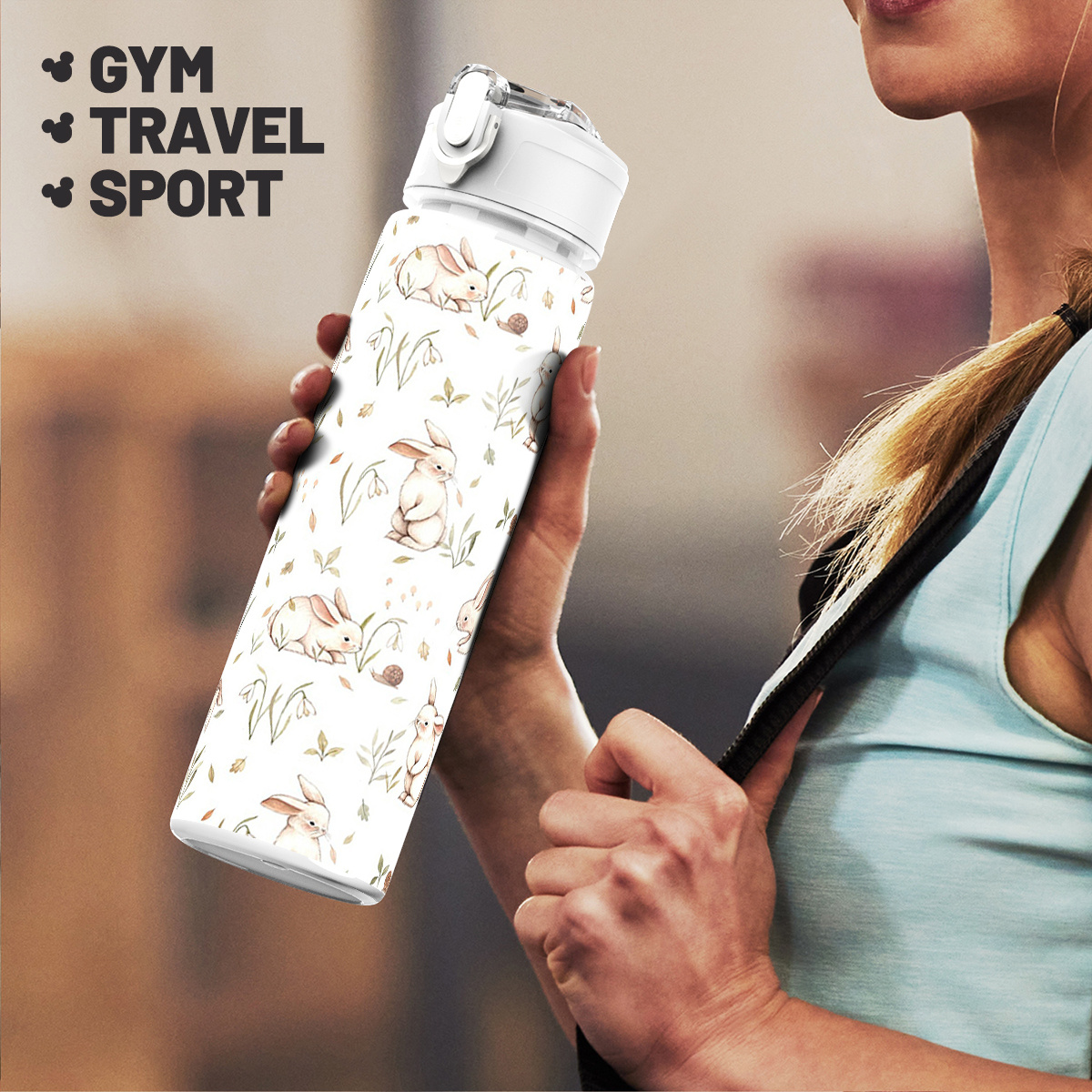 1pc rabbit plastic water bottle cute printed design plastic sports   top reusable 25oz 750ml lightweight leak proof f10travel drinks bottle drinking cup running ideal gift for birthday christmas halloween thanksgiving