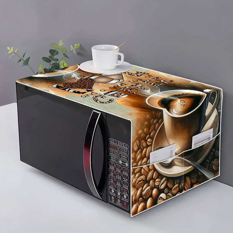 TEMU 2d Flat Refrigerator Cover In Coffee Tones With Coffee Cup Text Pattern. Refrigerator Cover With Storage Pocket, Microwave Cover, Household