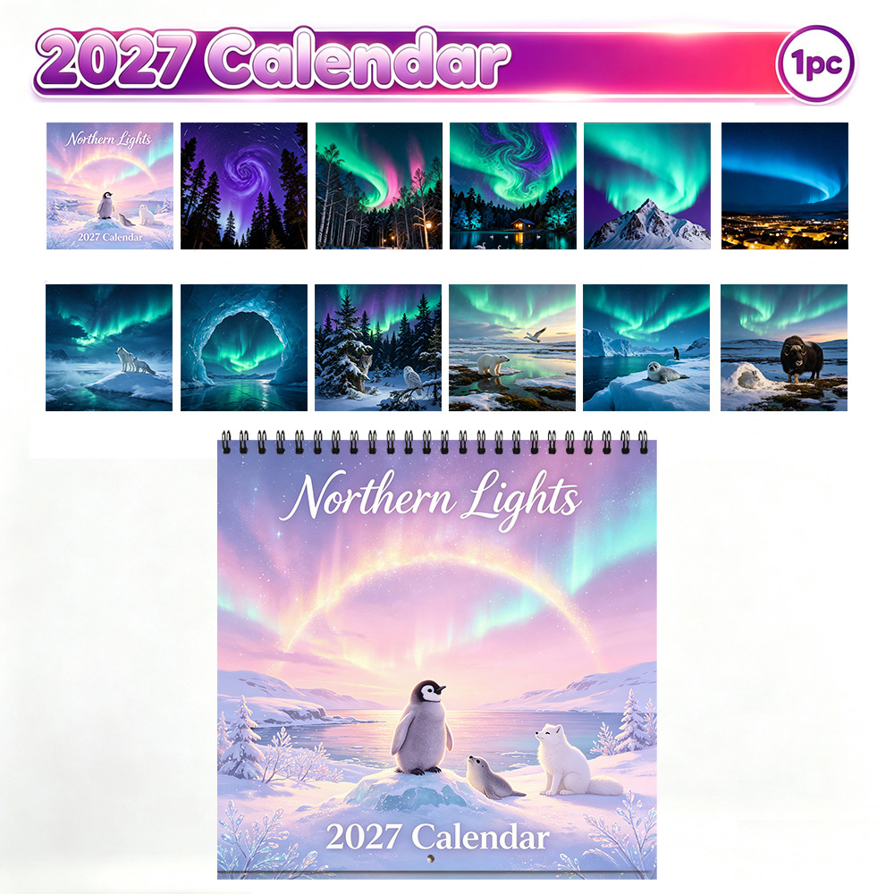 TEMU 1pc, 2027 Northern Lights Themed Wall Calendar 8.3x8.3 Inch Square Hanging Calendar 12 Months Aurora Polar Scenery Monthly Calendar Home Office