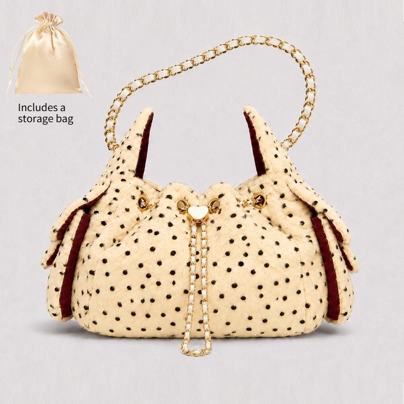 TEMU Modieuze Pluche Polka Dot Tote Bag met Trekkoord voor Dagelijks Werk, Woon-werkverkeer, Dating, Shoppen, Feestjes, Reizen, Zachte Pluche Stof,