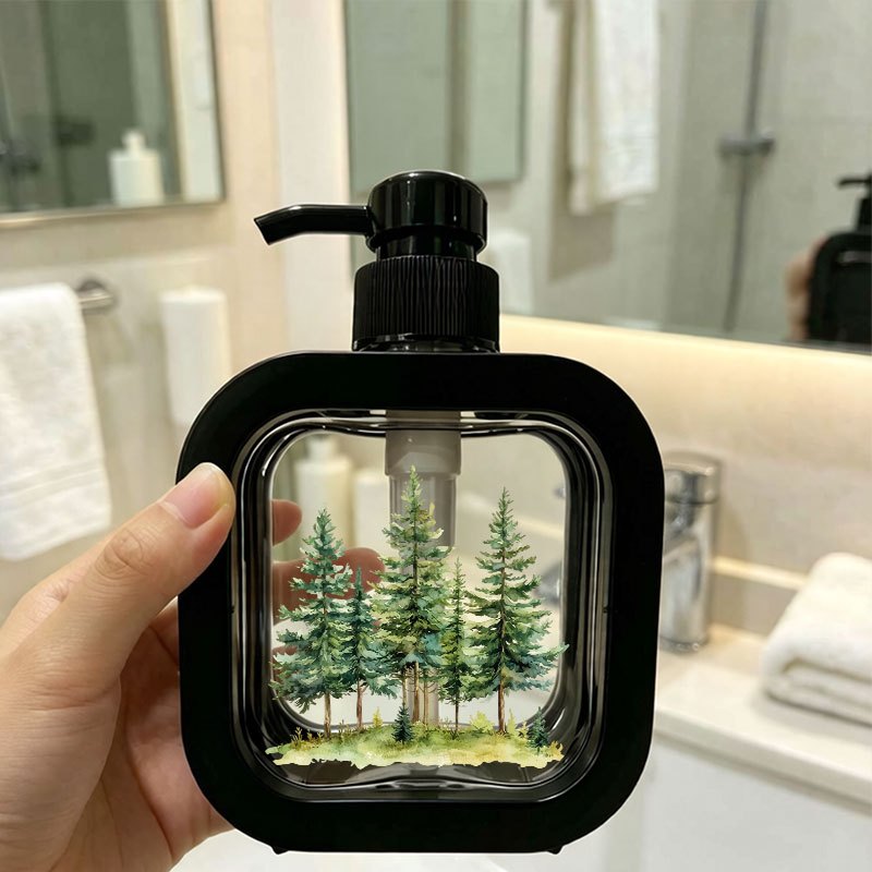 TEMU Singlepc, Bouteille Distributeur Motif Forêt de Pins Aquarelle, Pompe de Savon Ménager pour Salle de Bain. Décoration Intérieure | Motif Plat 2D