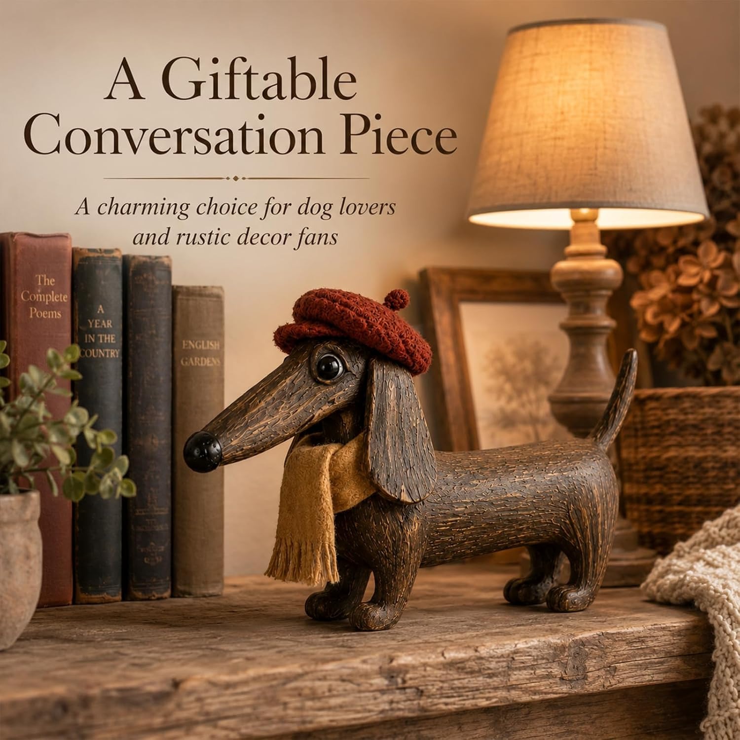 rustic dachshund figurine with hat and scarf vintage style dog statue farmhouse home desktop shelf decor housewarming gift Product details 1