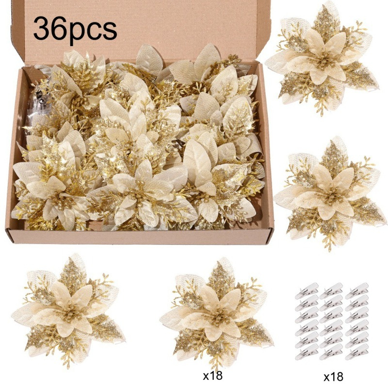 TEMU A 32/36pcs Set Of Red/ Glittery Artificial Poinsettia Christmas Flowers - -inch Plastic Flowers + Clips, Shiny Glossy Plastic Flowers. Suitable
