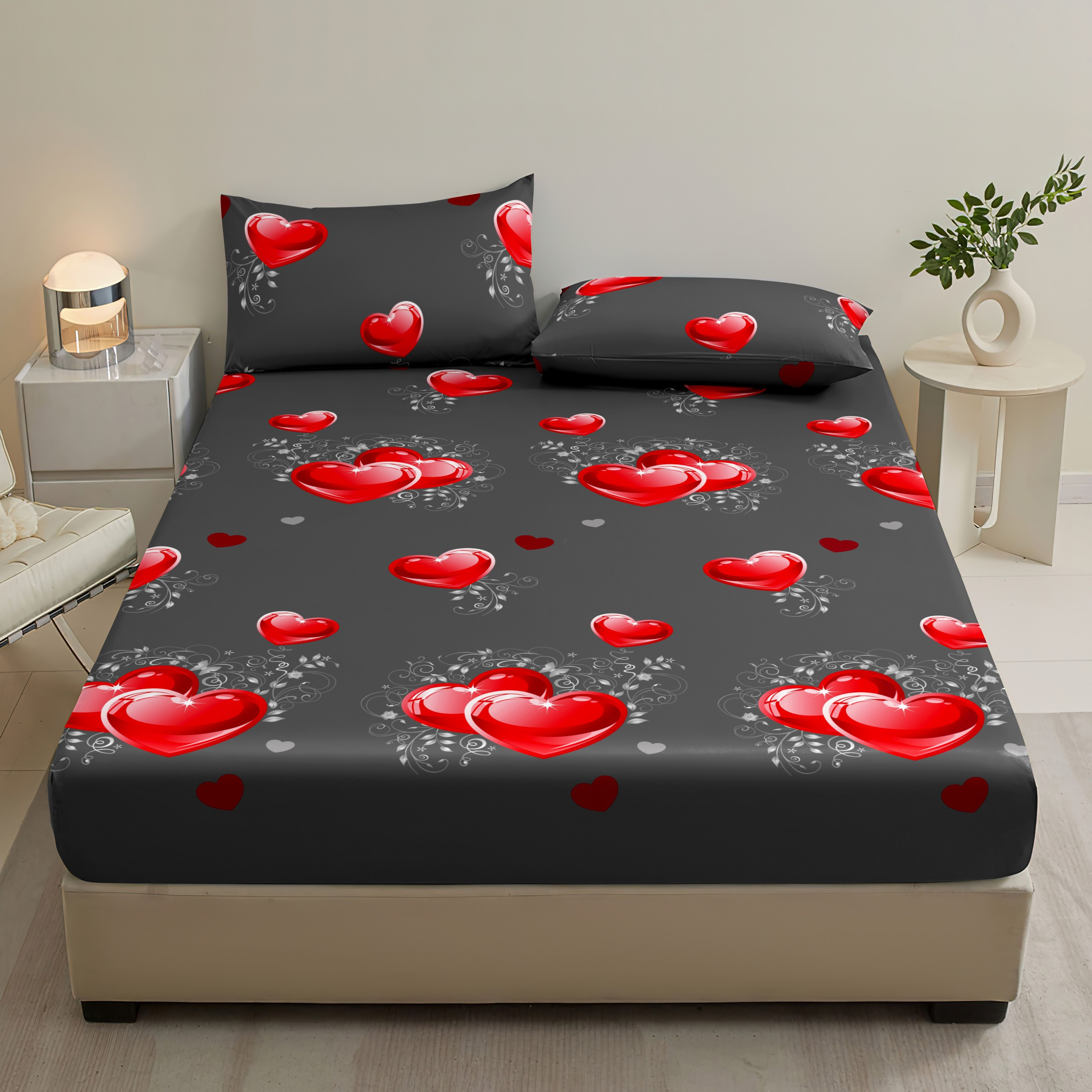 3pcs Fitted Sheet Heart Print Bedding, Printed Soft Comfortable, Suitable For Bedroom And , 1pc Fitted Sheet And 2pcs Pillowcases, Pillow Core Not Included