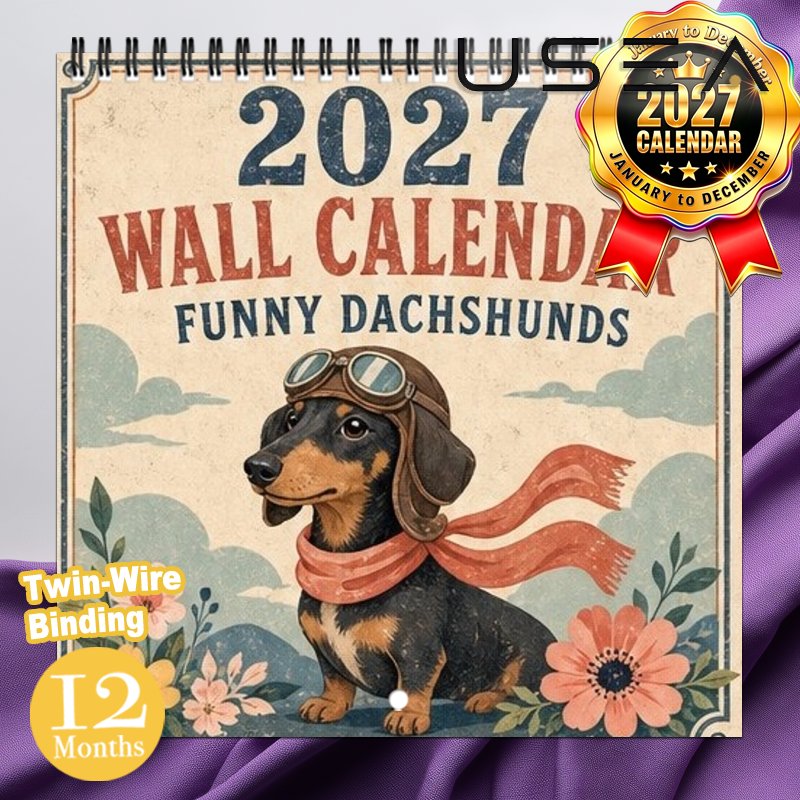 TEMU 1-pack 2027 Funny Dachshund Wall Calendar With Twin Wire Spiral Binding - Large Monthly Planner Suitable For Home Office Decor, Retro