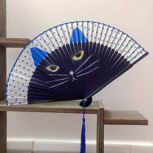 1pc of adorable cat themed folding fan a stylish bamboo fan for women this summer featuring a hand drawn cartoon design