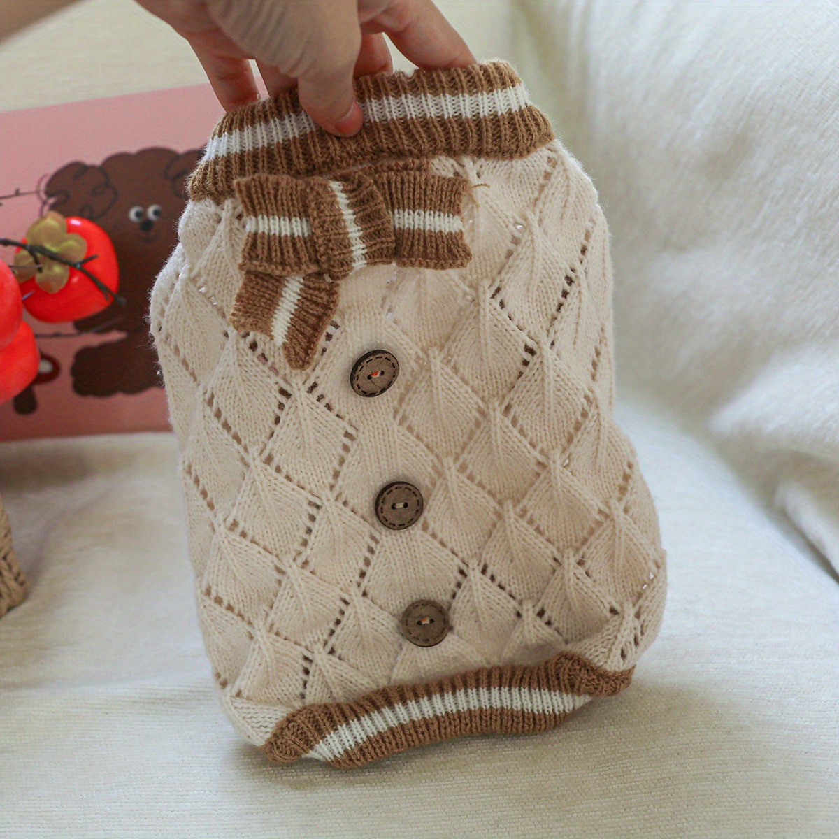 TEMU Vêtements pour animaux de compagnie Chien Chat Tenue Appareil Petit Chien Chiots Extérieur Joli Respirant Pull - Café Blanc