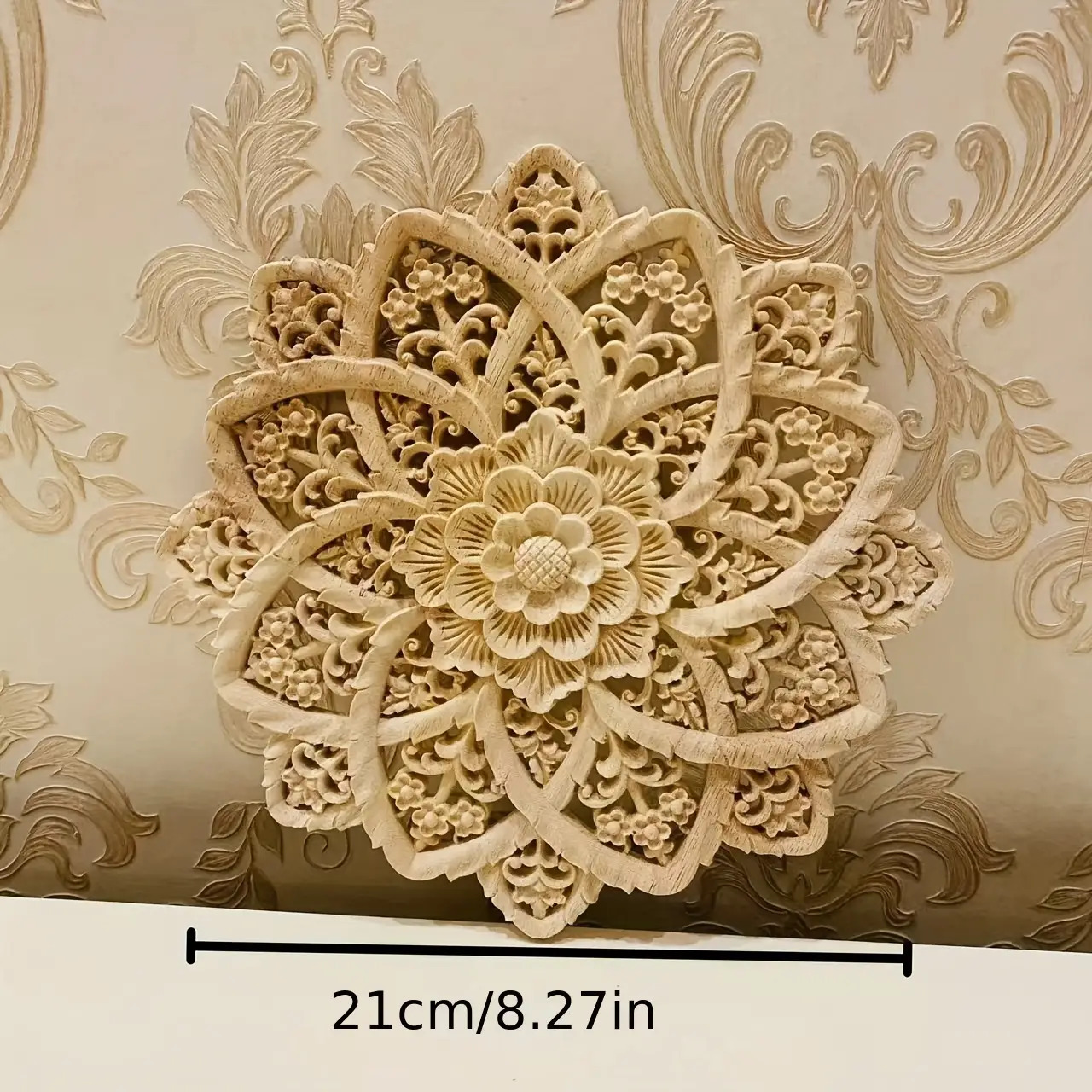 Image of 1pc Natural Wood-colored Floral Carved Ornament, Intricate Chinese Decorative Wood, Tibetan Hollow Carved Decor, Wood Carved Petal, Unpainted Material