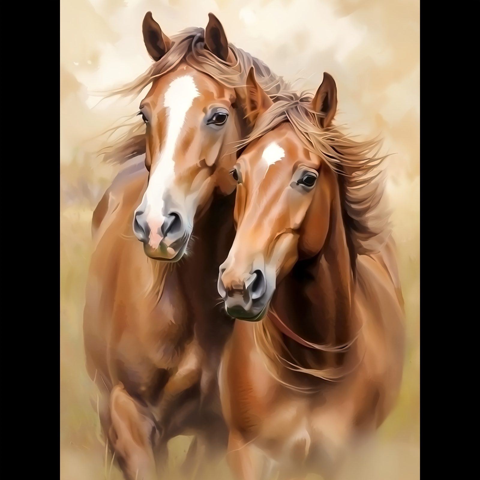 TEMU 2D Plat, 1 Pièce Affiche d'Art Couple de Chevaux Marron - Impression sur Toile Aquarelle Pop Art avec Couleurs Vibrantes et Coulées Dynamiques,