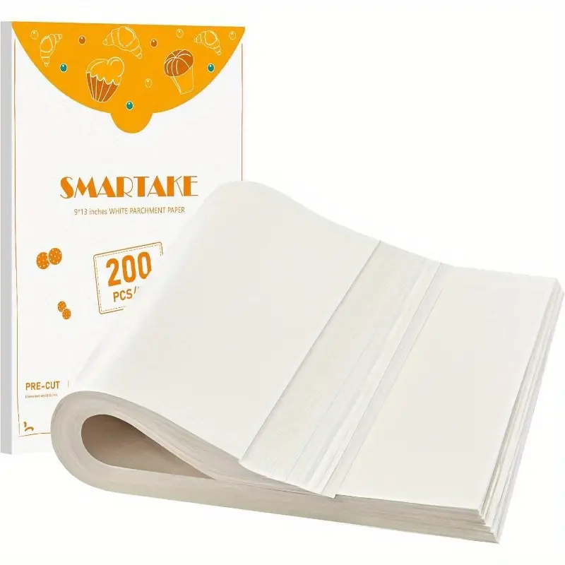 200 sheets precut non stick parchment paper for baking 9x13 inch pre cut to size 450 natural wood with silicone coating high quality disposable baking sheets for oven air fryer grilling steaming no curling fits cookie muffin trays grilling liner coating material meal preppers home bakers Product details 0