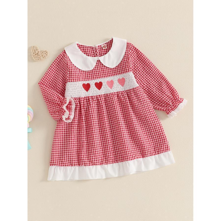 

Toddler Girl Valentine's Day Dress - Long Sleeve, Doll Collar With Heart Embroidery, Cute A-line Dress, Cotton , Machine Washable, Little Girl Clothes