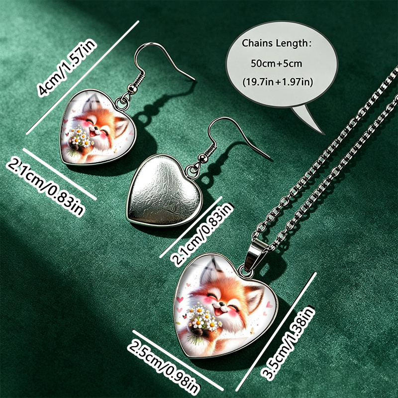 3pc Cute Fox Holding Daisies Glass Necklace & Earrings Set