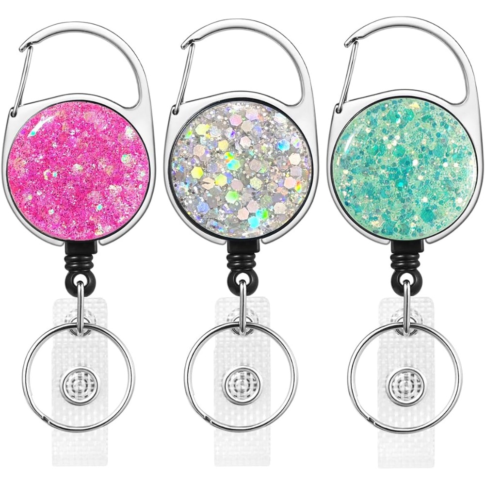 3pcs Glitter Sequins Retractable Reel, Id Holder ( Red, 1 Silvery, 1 Green), Abs Material Carabiner Stainless Steel Keychain Suitable For Belts, Bags, Handbags, Backpacks
