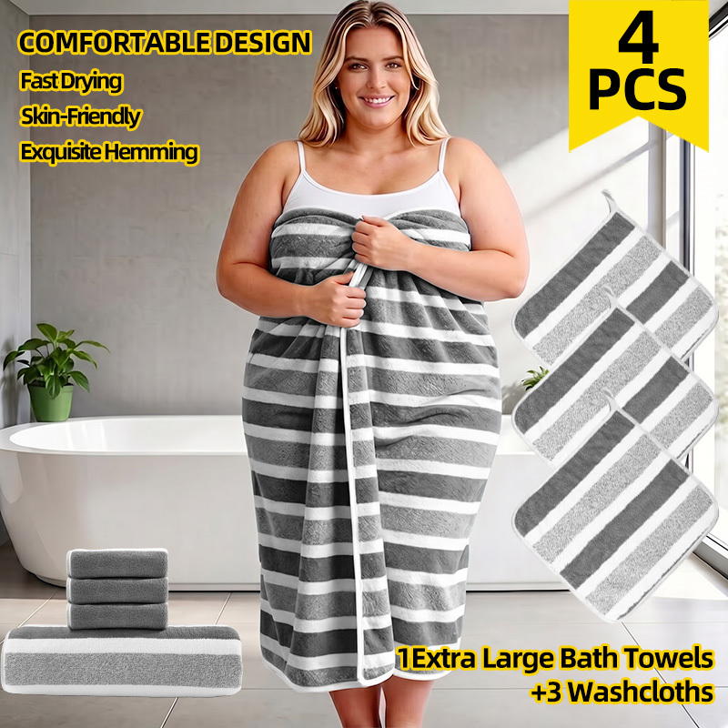 TEMU 4pcs Oversized Bath Towel Set - 1 Microfiber Oversized Bath Towel 180x90cm   3 Washcloths 30x30cm, In , Durable Hemmed Edges, Soft And
