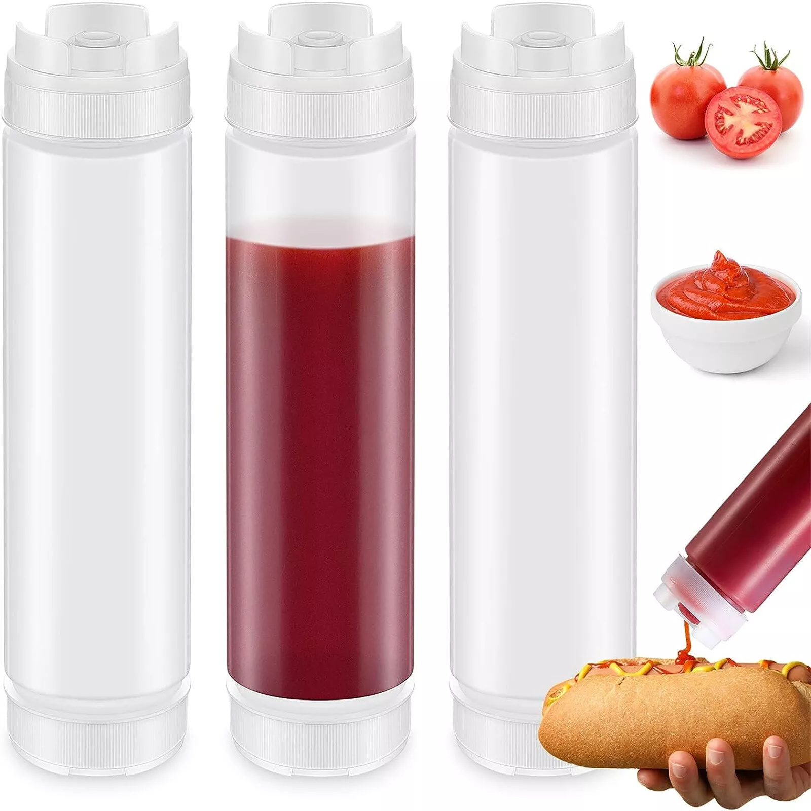 TEMU 7pcs Translucent White Plastic Squeeze Condiment Bottles, 5.5x5.5x22cm - Reusable & Bpa-free Sauce Dispensers For Ketchup, Mayonnaise, Mustard -